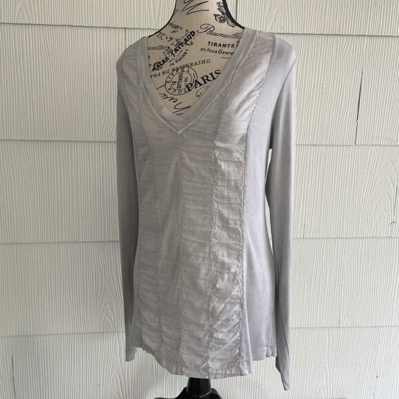 XCVI Sheer Front Legenlook V-Neck Top Long Sleeve - Gray Womens Size L (J6) - Picture 1 of 15